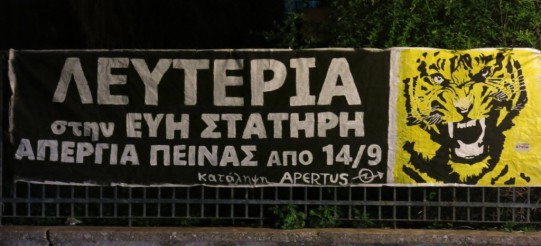 Faixa solidária, colocada na Biblioteca Municipal de Agrinio pelxs compas da okupa Apertus: “Liberdade para Evi Statiri, em greve de fome desde 14 de Setembro”.